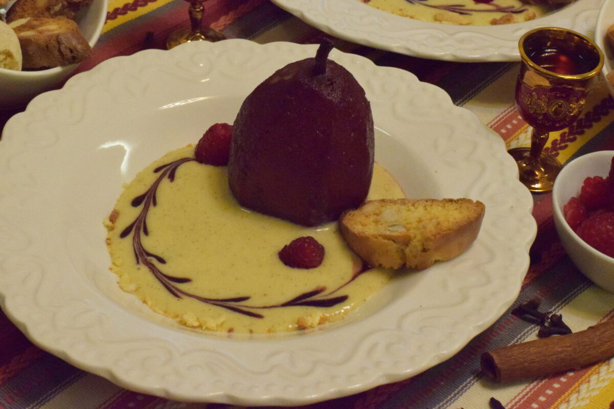 Pere poșate în vin cu zabaione cover