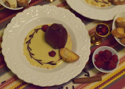 Pere poșate în vin cu zabaione final