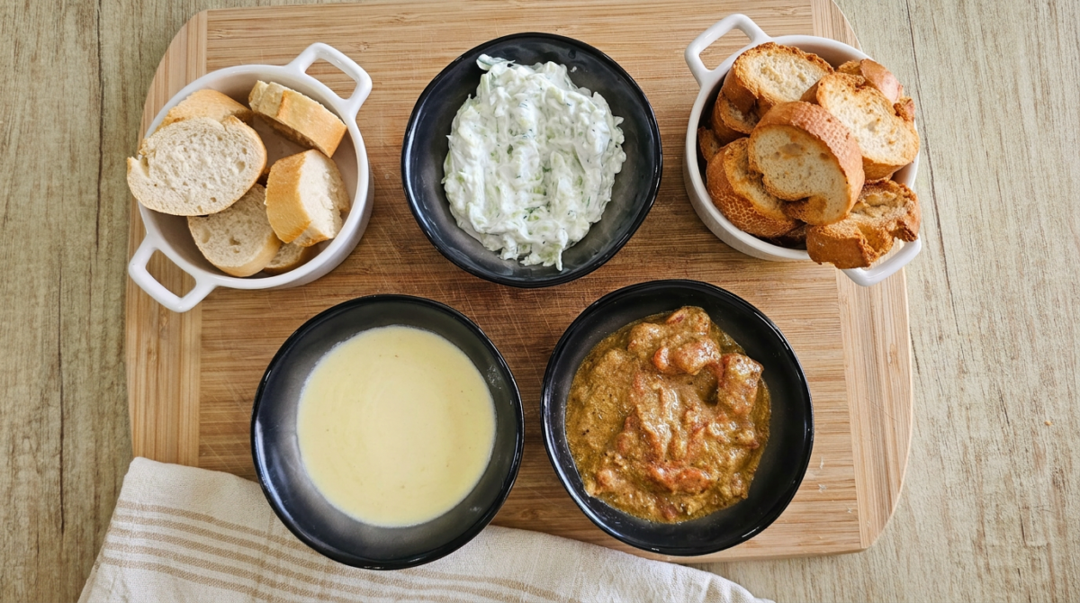 servire trio de dips cu baghetă